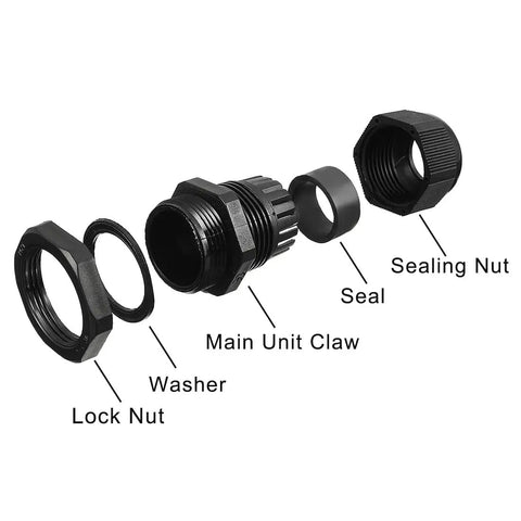 Exploded view of PG21 Nylon Cable Gland Joint Waterproof IP68 Locknut Kit components including lock nut, washer, main unit claw, seal, and sealing nut.