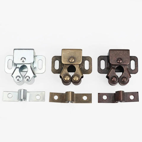10 Pack Adjustable Steel Door Buckle Latches With Spring Ball Mechanism for Furniture Cabinets, three finishes shown.