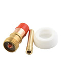 Components of 7 Piece TIG Torch Kit For Stubby Gas Lens Ceramic Cup Set Sizes 12 14 16 24 With Two Point Four Millimeter Collet