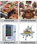 Collage featuring an automatic grill, ornate dining table, vending machine, and packaging machinery in different settings.