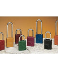 Assorted colorful aluminum padlocks, featuring the Aluminum Padlock One And A Half Inch Wide Body With Blue Anodized Finish.