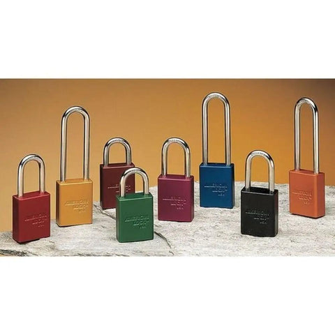 Assorted colorful aluminum padlocks, featuring the Aluminum Padlock One And A Half Inch Wide Body With Blue Anodized Finish.