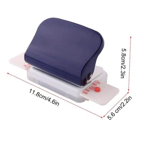 Side view of a blue 6 Hole Puncher For A4 A5 B5 Notebooks And Scrapbooks, showing dimensions and metal body for precise 6mm holes.