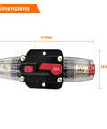 High-Octane 30 Amp Manual Reset Car Circuit Breaker Waterproof Inline Fuse Block For 12V To 25V Vehicles dimensions showing 3.94in x 1.65in.