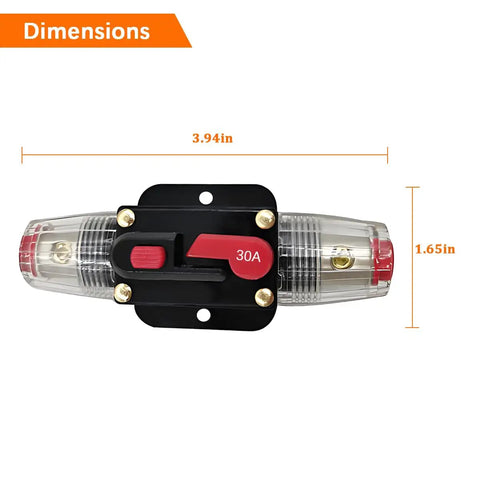 High-Octane 30 Amp Manual Reset Car Circuit Breaker Waterproof Inline Fuse Block For 12V To 25V Vehicles dimensions showing 3.94in x 1.65in.