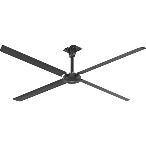 Supercharge Your Space With This 12 Foot Large Diameter Air Circulation Fan In Sleek Black with four blades and a direct drive motor.