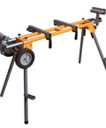 Portable Miter Saw Stand With Quick Release Mounting Brackets 330 Lb Load Capacity 8 In Wheels Three Prong Outlets Folding Design For Easy Garage Storage Orange in upright position