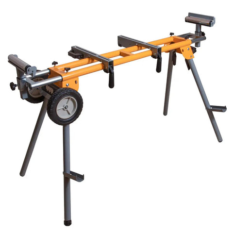 Portable Miter Saw Stand With Quick Release Mounting Brackets 330 Lb Load Capacity 8 In Wheels Three Prong Outlets Folding Design For Easy Garage Storage Orange in upright position