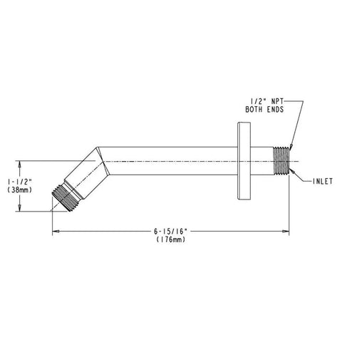 Technical diagram of Neo Shower Arm And Flange Brushed Nickel 7 Inch Modern Design Brass Construction Half Inch NPTM Inlet And Outlet.