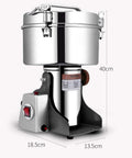 4500G High Speed Swing Type Grain Mill Grinder 2200W Stainless Steel Pulverizer side view with dimensions marked