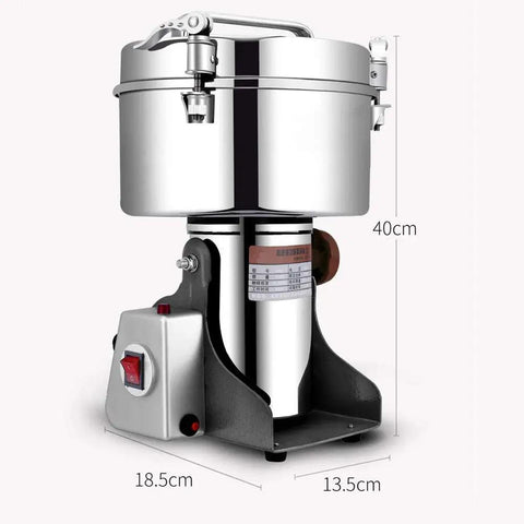 4500G High Speed Swing Type Grain Mill Grinder 2200W Stainless Steel Pulverizer side view with dimensions marked