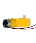 Yellow Mini DC Gearbox Motor Dual Shaft 1 To 48 TT Gearbox for Arduino Smart Car Robot 3 To 6V, side view with wires.