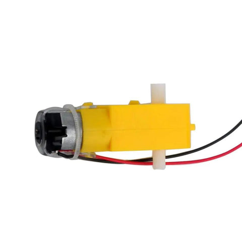 Yellow Mini DC Gearbox Motor Dual Shaft 1 To 48 TT Gearbox for Arduino Smart Car Robot 3 To 6V, side view with wires.