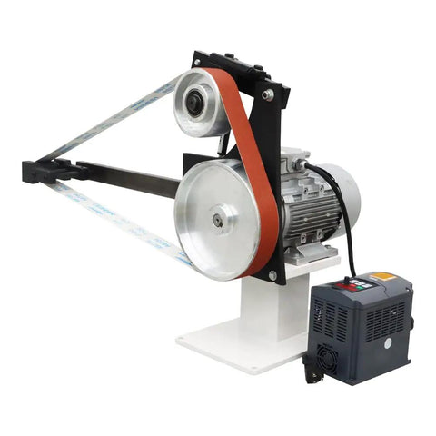 Heavy Duty Variable Speed Belt Sander And Knife Grinder Featuring Triple Grinding Wheels, Beefy Frequency Converter Base, 2000 Watt Motor.