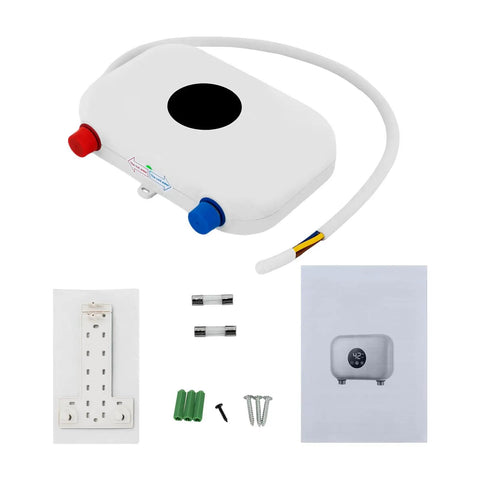 Compact Tankless Water Heater Electric Instant Hot Water Wall Mounted Unit Featuring Digital Display and Slick Thermostat with accessories.