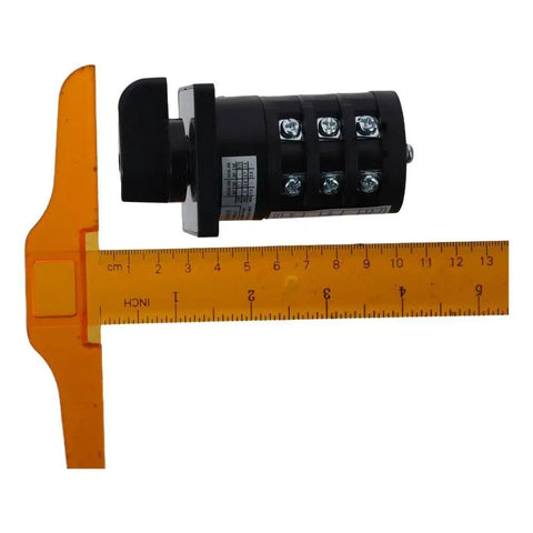 Side view of Seven Position Rotary Changeover Switch for High Current Projects, 20A at 500V with orange ruler for scale