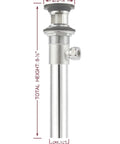 Image of a silver bathroom drain pipe with dimensions, showing the structure and measurements for a pop up drain stopper assembly.