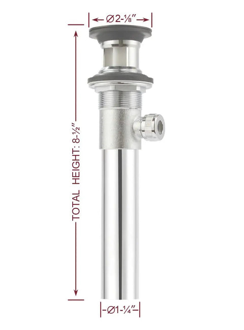 Image of a silver bathroom drain pipe with dimensions, showing the structure and measurements for a pop up drain stopper assembly.