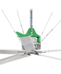 20 Foot HVLS Ceiling Fan With Brushless Motor And Built In Inverter Remote, showcasing silver blades and green accents for quiet airflow.
