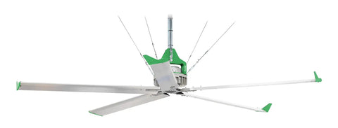 20 Foot HVLS Ceiling Fan With Brushless Motor And Built In Inverter Remote, showcasing silver blades and green accents for quiet airflow.