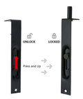 Stainless Steel Door Flush Bolt Latch 6 Inch L Type Lever Action Concealed Slide Lock Bolt Black Finish showing unlock and lock positions