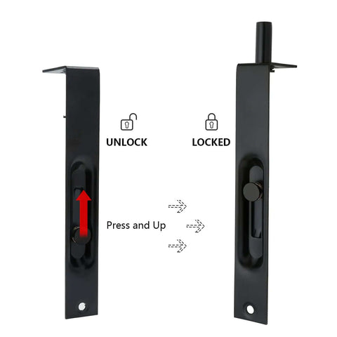 Stainless Steel Door Flush Bolt Latch 6 Inch L Type Lever Action Concealed Slide Lock Bolt Black Finish showing unlock and lock positions