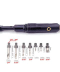 Compact Pro Grade Pneumatic Aircraft Drill With One Quarter Inch Twenty Eight Threaded Shank Zero Point Three Horsepower 3200 RPM 90 Degree Angle Drill Includes Seven Drill Bits Set For Industrial Aircraft Maintenance with bits displayed