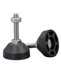 Four Pack Heavy Duty Adjustable Leveling Feet With M8 M10 Thread Swivel Base Glide Pads For Tables Cabinets And Machinery No Sweat Setup Rock Solid Hold with steel and nylon materials.