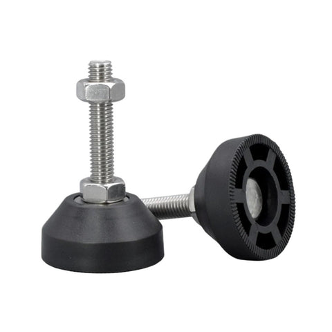 Four Pack Heavy Duty Adjustable Leveling Feet With M8 M10 Thread Swivel Base Glide Pads For Tables Cabinets And Machinery No Sweat Setup Rock Solid Hold with steel and nylon materials.