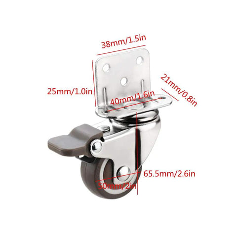 Set Of Four Two Inch Caster Wheels Smooth As Butter 360 Degree Swivel Rollers with precise measurements and locking brake detail.