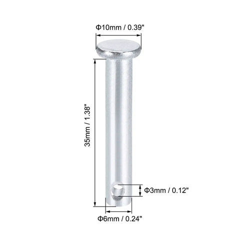 6mm By 35mm Flat Head Zinc Plated Single Hole Clevis Pins In Solid Steel, Durable Link Hinge Pins For Shafts, Machinery, And D IY Projects, 12 Pieces, Silver Tone, Easy Fit And Reliable Connection. Zinc-plated steel clevis pin with 10mm head and 35mm length