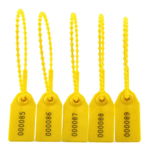 Yellow Numbered Security Zip Ties With Tamper Evident Seal Tags Pull Tight Self Locking Disposable Safety Locks For Fire Extinguishers Awesome For Airline Cargo Shipping Warehouses Luggage And Packages 100 Pack