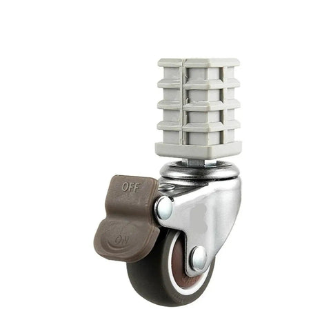 Close-up of a single 1.5 inch stainless steel stem caster with silent brake from pack of four, for furniture and racks.