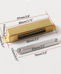 70 Lb Magnetic Door Catch Heavy Duty Latch for Cabinets, Shutters, Closets, and Furniture Doors, Stainless Steel Gold Finish, 4 Pack With Included Mounting Screws showing dimensions.