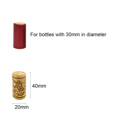 Top Shelf 30 Pack Natural Cork Wine Bottle Stoppers With 40 PVC Heat Shrink Caps In Four Bold Shades, showing sizes and colors.