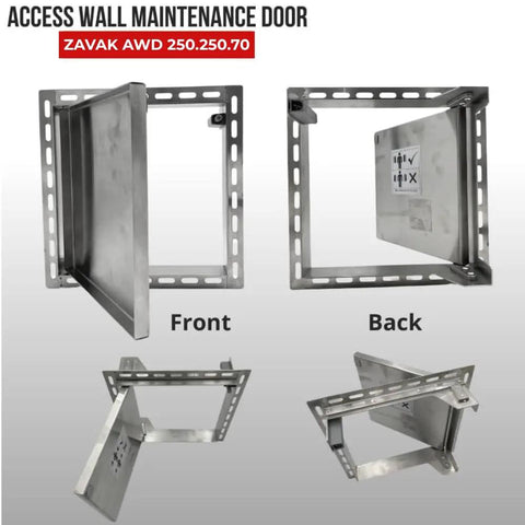 Tough As Nails 9 8 Inch Square Access Panel With Tile Ready Cover And Snug Magnetic Latch, showing front and back views, stainless steel.
