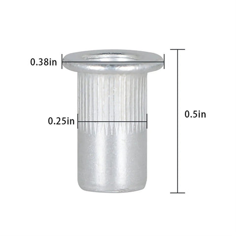 Aluminum Rivet Nuts Kit 100 Pcs 10-24 UNC Fasteners, detailed dimensions shown, corrosion resistant aluminum insert.