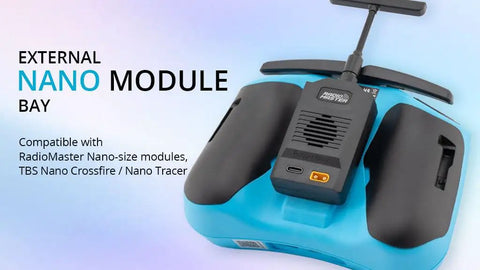 Pocket Crush 2.4GHz ELRS Hall Gimbal Transmitter Remote Control with external nano module bay.