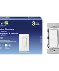 Box and one unit of 600-Watt Single-Pole And 3-Way Universal Rocker Slide Dimmer, White, 3-Pack, Sleek Slim-Profile Slide For Precise LED CFL