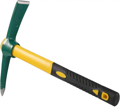 15 Inch Pick Mattock Hoe With Forged Adze Head And Plastic Coated Fiberglass Handle, close-up of tool design.