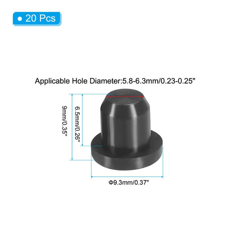 Silicone T Hole Stoppers 6.3mm 0.25in Pack Of 20 Soft Flexible Bottle Seal Plugs For Cable Glands And Holes Waterproof End Caps Black Heat Resistant Up To 500 Degrees F DIY Friendly Built Tough, black silicone stopper 9.3mm top, 20 pcs