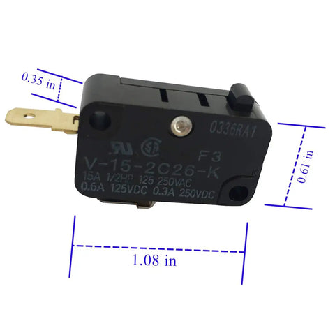 V-15-2C26-K Plug-and-Play Snap Action Micro Switch Replacement for OMRON and Shurflo 2088 Series Pumps, shown with dimensions