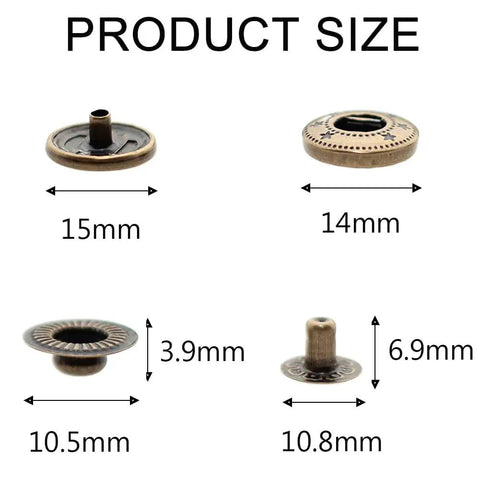 Heavy Duty Leather Snap Fasteners Kit With 24 Sets 15mm Antique Brass Metal Snap Buttons Press Studs Rivets product sizes