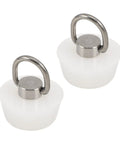 White Silicone Drain Stopper with Ring for Bathtubs and Sinks, features two stoppered plugs with metal handles.