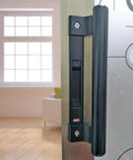 Close-up of Two Piece 8 Inch Aluminum Alloy Sliding Door Handle Set, Modern Black Metal Pulls For Balconies, Bathrooms, Patios, Barns And More, Easy Grip Oval Design, Anti Rust Durable Hardware installed on a glass door.