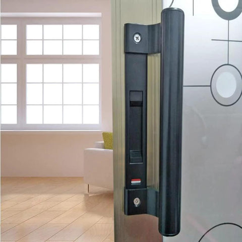 Close-up of Two Piece 8 Inch Aluminum Alloy Sliding Door Handle Set, Modern Black Metal Pulls For Balconies, Bathrooms, Patios, Barns And More, Easy Grip Oval Design, Anti Rust Durable Hardware installed on a glass door.
