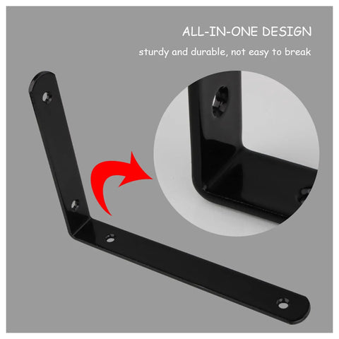 Top Tier Heavy Duty L Shaped Corner Brackets For Shelving Set Of 2 Black Metal Wall Mounts showing sturdy design and mounting holes.