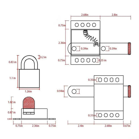 Heavy Duty Garage Door Lock Kit With Vertical Track Engagement For Dual Doors, Galvanized Steel Construction, Includes 2 Locks, 16 Self Tapping Screws, And Drill Bit For Full Hardware diagram with dimensions