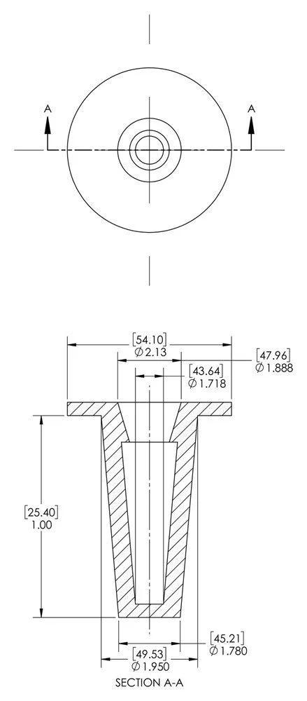 Caplugs T-20 T Series plastic tapered cap and plug, red LD-PE, 40-pack, front and sectional A-A views