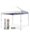 10x10 Pop Up Canopy Tent With Wheeled Bag Instant Setup No Fuss Waterproof Outdoor Shade Shelter For Patio Backyard Parties And Camping Portable White Canopy Shade, showing setup frame and accessories